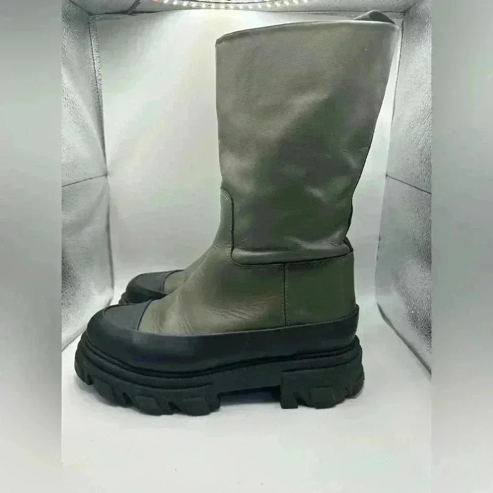 Ganni Women’s Military Green Black Tubular Leather Boots Size 10 US 40 EUR $500